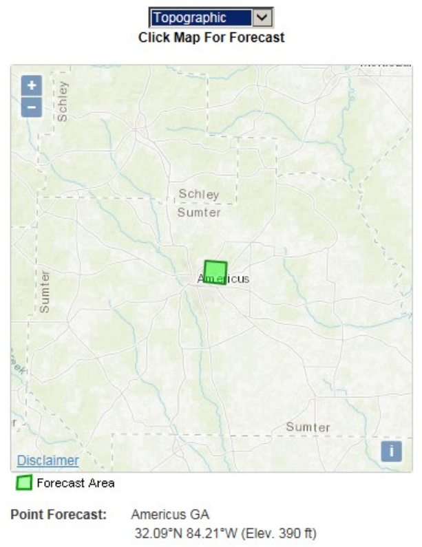 A clickable and zoomable map allows you to get a custom forecast for a very specific location.