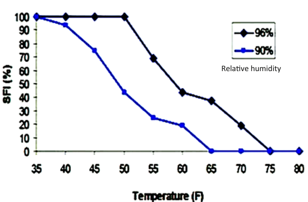 Superfog Index (SFI) as a probability of superfog formation at different temperatures and two relative humidity scenarios.