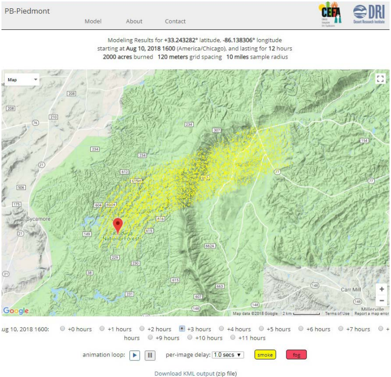 Screenshot of PB-Piedmont smoke pattern results three hours after ignition.