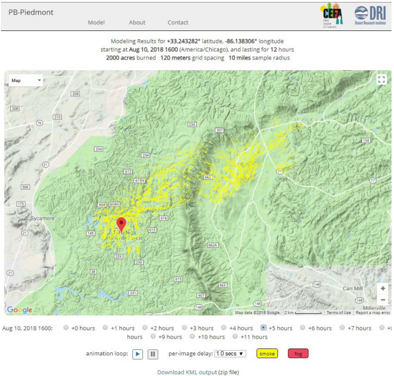 Screenshot of PB-Piedmont smoke pattern results five hours after ignition.
