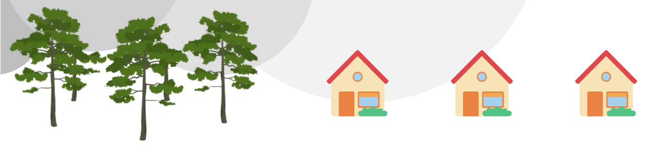 Clipart image of forest trees and houses with smoke above the forest diffusing towards the houses.