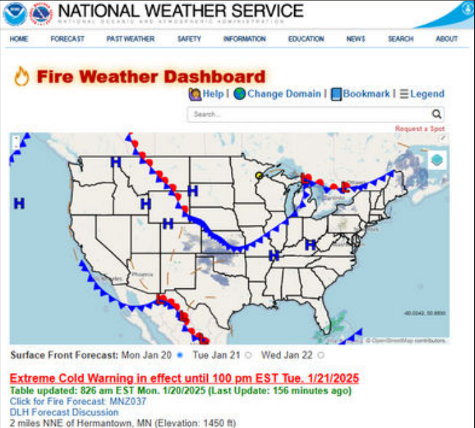 Screenshot of the NWS Fire Weather Dashboard.
