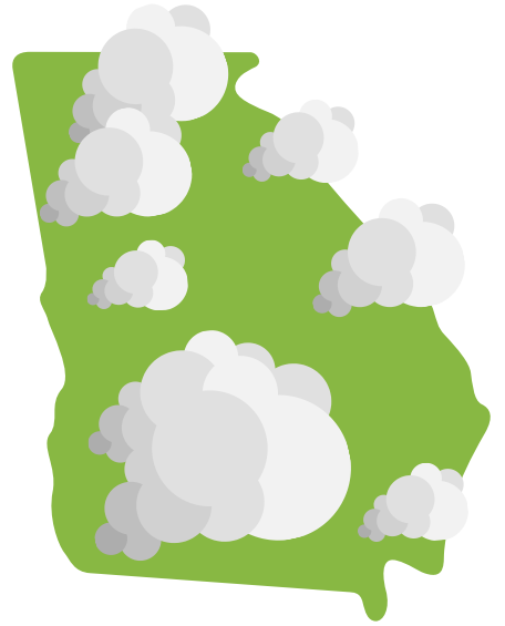 Clipart of Georgia with puffs of smoke across various parts.