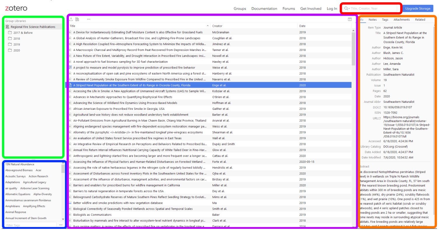 A screenshot of the RFSPD Zotero Library and the different sections on the screen.
