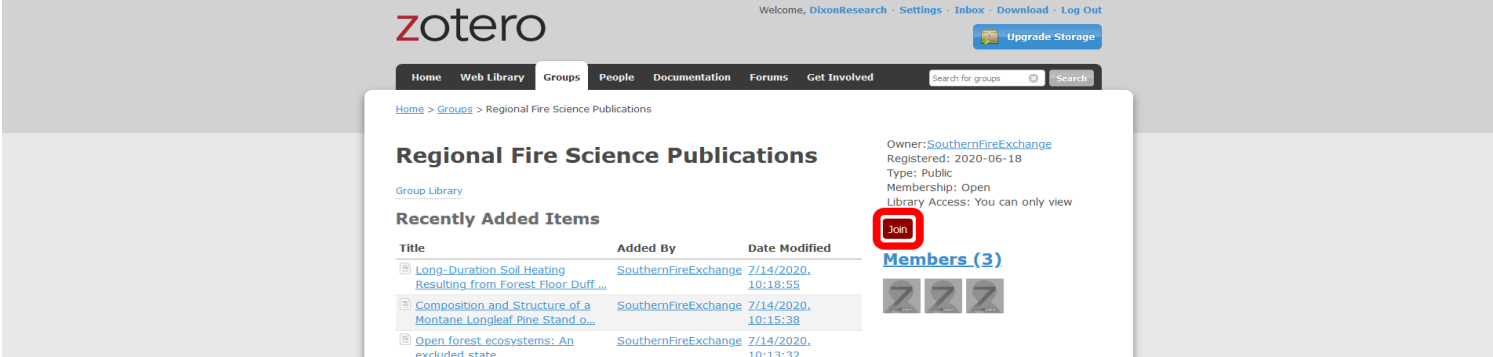 A Screenshot of the RFSPD Zotero Group that shows the location of the "Join" button for those logged into a Zotero account.