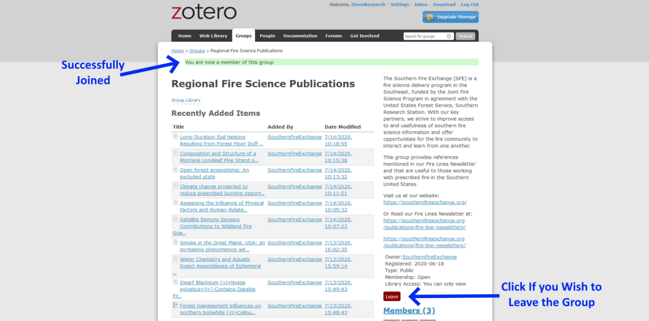 A Screenshot of the RFSPD Zotero Group that shows confirmation that you joined the group and the button you can use to leave the group.
