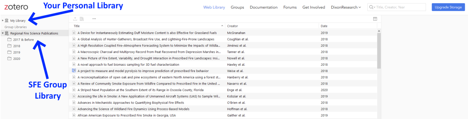 A Screenshot of the RFSPD Zotero Library showing where the RFSPD can be located.