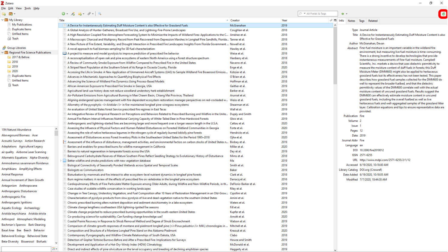 A Screenshot of the RFSPD Zotero Library. The refresh library button is located in the upper right of the screenshot.