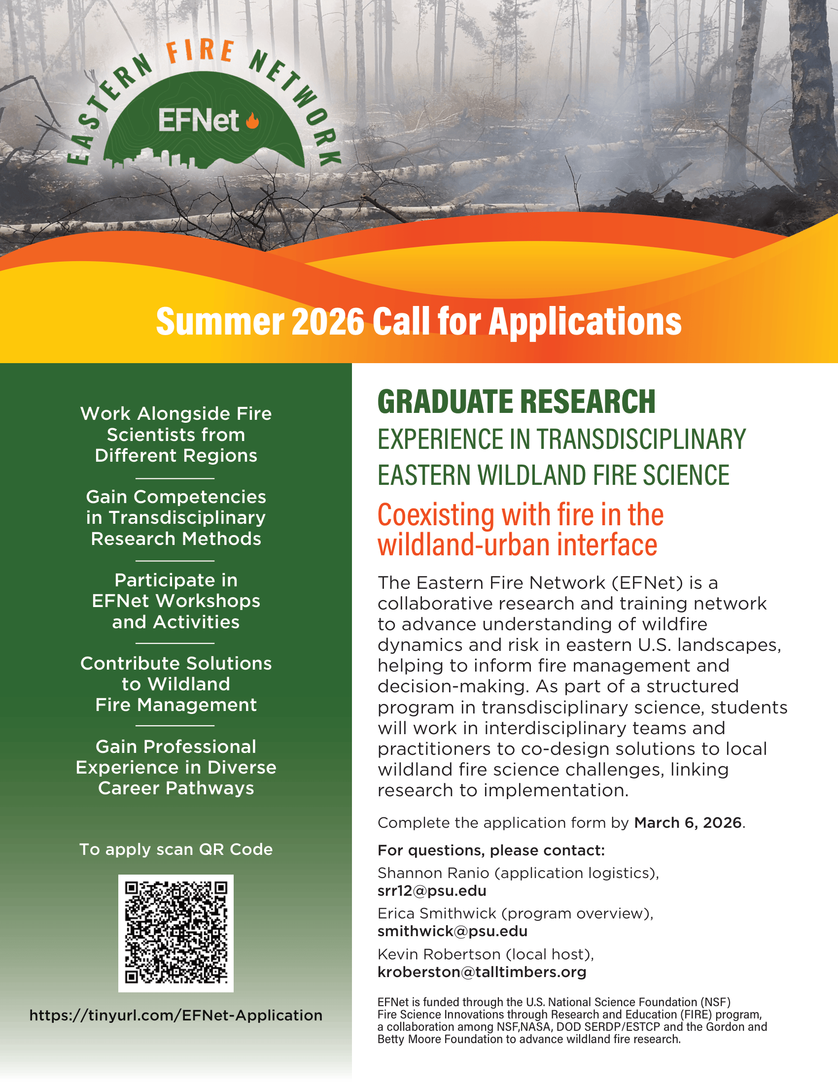 Flier advertising a call for applications for the summer 2026 EFNet Graduate Research experience on the WUI.